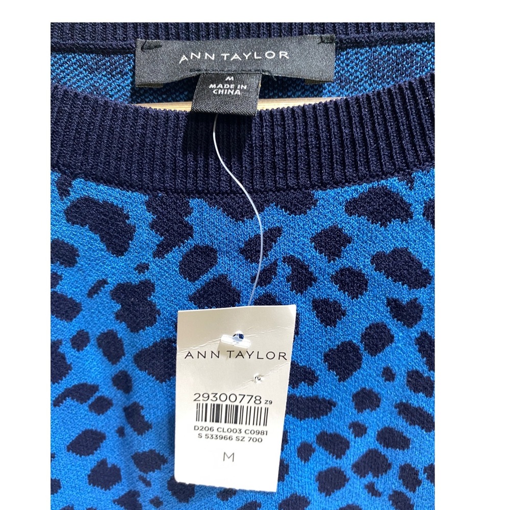 Ann Taylor Blue Leopard Print 3/4 Puff Sleeve Sweater Medium NWT 533966 - Picture 3 of 7